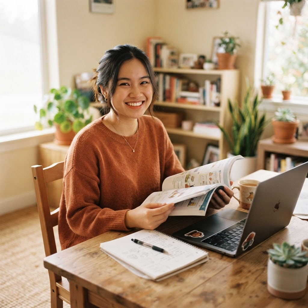A smiling student learning English at her desk